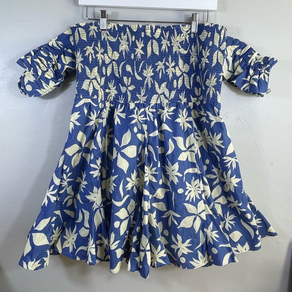 Zara Blue Cream Floral Ruffle Bandeau Off Shoulder Summer Mini Dress Size XXL
